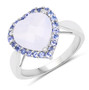 blue chalcedony and tanzanite heart halo ring in rhodium over sterling silver