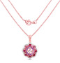 full view of morganite rhodolite and amethyst double halo pendant necklace in 14k rose gold over sterling silver