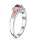 side view of rubellite tourmaline and white zircon halo ring in 18k rose gold and rhodium over sterling silver
