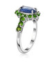 side view of blue kyanite and chrome diopside halo ring in rhodium over sterling silver