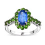 blue kyanite and chrome diopside halo ring in rhodium over sterling silver