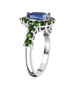side view of blue kyanite and chrome diopside halo ring in rhodium over sterling silver