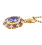side view of tanzanite pink tourmaline and white zircon halo pendant necklace in 18k yellow gold over sterling silver