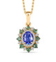 full view of tanzanite pink tourmaline and white zircon halo pendant necklace in 18k yellow gold over sterling silver