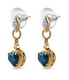 side view of london blue topaz and moissanite heart dangle earrings in 18k yellow gold over sterling silver