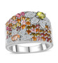 multi color tourmaline and moissanite flower cluster wide band ring in rhodium over sterling silver