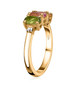 side view of green pink and orange tourmaline trilogy ring with diamonds in 18k yellow gold over sterling silver