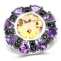 front view of citrine amethyst and black spinel halo ring in rhodium over sterling silver