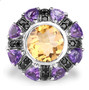 front view of citrine amethyst and black spinel halo ring in rhodium over sterling silver