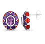 side view of amethyst bezel set enameled stud earrings in rhodium over sterling silver
