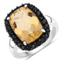 front view of citrine and black sapphire cushion halo ring in rhodium over sterling silver