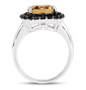 side view of citrine and black sapphire cushion halo ring in rhodium over sterling silver