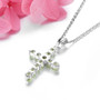 back view of peridot cross pendant necklace in rhodium over sterling silver