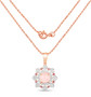 full view of morganite rhodolite and white topaz double halo pendant necklace in 14k rose gold over sterling silver