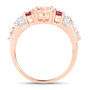 side view of morganite rhodolite and white topaz ring in 14k rose gold over sterling silver