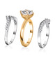 side view of moissanite stackable three ring wedding set in 18k yellow gold and rhodium over sterling silver