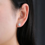 aquamarine and white zircon pear halo earrings in rhodium over sterling silver worn on the ear