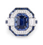 front view of sapphire and white diamond 14k white gold vintage inspired halo ring
