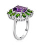 side view of amethyst chrome diopside and moissanite statement ring in rhodium over sterling silver