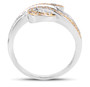 side view of white diamond cluster bypass ring in two-tone 14k white and yellow gold