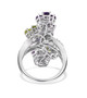 back view of amethyst peridot and zircon elongated floral cluster ring in rhodium over sterling silver