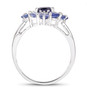 side view of iolite and tanzanite halo ring in rhodium over sterling silver