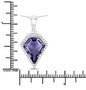 iolite kite cut and white diamond halo pendant necklace in solid 14k white gold shown for size comparison