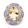 front view of citrine and tanzanite double halo ring in two-tone 14k yellow gold and rhodium over sterling silver
