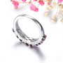 back view of rhodolite garnet and white zircon cluster band ring in rhodium over sterling silver
