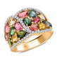 full view of multi color tourmaline and diamond cluster ring in 14k white gold