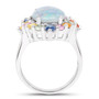 side view of australian opal doublet and multi color sapphire halo ring in rhodium over sterling silver