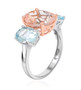 side view of morganite and aquamarine three stone ring in 14k rose and white gold