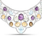 close up of multi gemstone openwork bib necklace in rhodium over sterling silver
