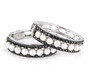 side view of freshwater pearl and black spinel hoop earrings in black and white rhodium over sterling silver
