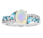 ethiopian opal blue and white zircon ring in rhodium over sterling silver