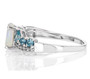 side view of ethiopian opal blue and white zircon ring in rhodium over sterling silver