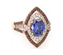 front view of blue white and brown cubic zirconia ring in 18k rose gold over sterling silver