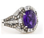 angled view of amethyst champagne and white diamond ring in black and white rhodium over sterling silver
