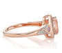side view of morganite white zircon and pink sapphire halo ring in 18k rose gold over sterling silver