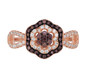 front view of brown and white cubic zirconia flower cluster ring in black rhodium and 18k rose gold over sterling silver