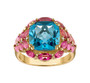 front view of swiss blue topaz pink topaz and diamond halo ring in 14k yellow gold