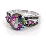 front view of mystic topaz rhodolite garnet and tsavorite garnet ring in black and white rhodium over sterling silver