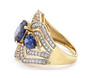 side view of blue and white cubic zirconia statement ring in 18k yellow gold over sterling silver