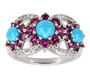 turquoise rhodolite garnet and zircon cluster ring in rhodium over sterling silver