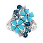 turquoise london blue topaz and zircon cluster ring in rhodium over sterling silver
