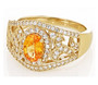front view of spessartine garnet and white zircon ring in 18k yellow gold over sterling silver