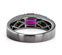back view of lab ruby and sapphire gents ring in black rhodium over sterling silver
