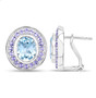 back view of sky blue topaz and tanzanite halo post and omega back earrings in rhodium over sterling silver