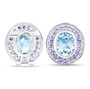 back view of sky blue topaz and tanzanite halo post and omega back earrings in rhodium over sterling silver