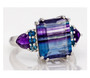 front view of fluorite amethyst and london blue topaz ring in rhodium over sterling silver